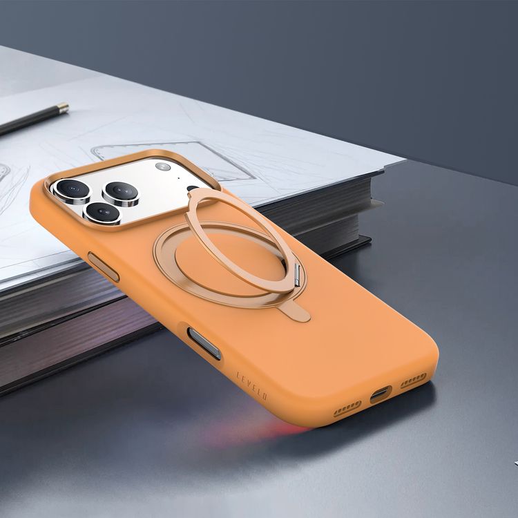 Levelo Iris Pro MagSafe Liquid Silicone Case with Built-in 360° Kickstand for iPhone 17 Pro Max, Metal Accents, Shock-Resistant Bumper, Aluminum Alloy Frame for Camera & Buttons, Drop-Tested, Strong Magnets, Premium Silicone Grip - Orange