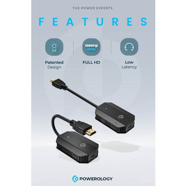 Powerology Wireless HDMI to HDMI Adapter for Audio & Video with 30m Transmission Range, ABS Material, 1080P Resolution, Low Latency, Plug and Play - Black
