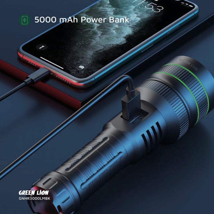 Green Lion Hyper Ray Pro LED Torch with Digital Display, Built-in Power Bank, Up to 7 Hours Working Time, 5 Light modes, 60W Power, Aluminum Alloy Material, 3000 Lumens Brightness - Black