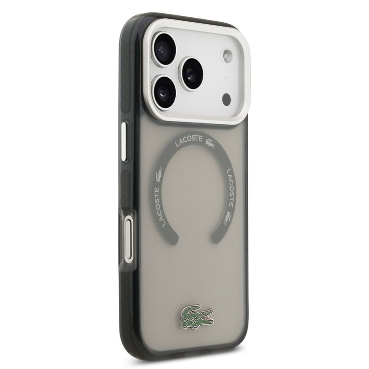 غطاء شفّاف من نوع TPU و PC من Lacoste مع لمسة نهائية متجمدة لجهاز iPhone 17 Pro Max، حماية من السقوط، تصميم نحيف، تغليف مستدام، تصميم يمكن تركيبه بسهولة - رمادي