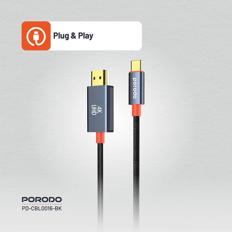 Porodo Aluminum Alloy Woven Cable Type-C to HDMI, 2m Cable Length, Ultra HD 4k Resolution, Plug & Play, Tangle Free - Black
