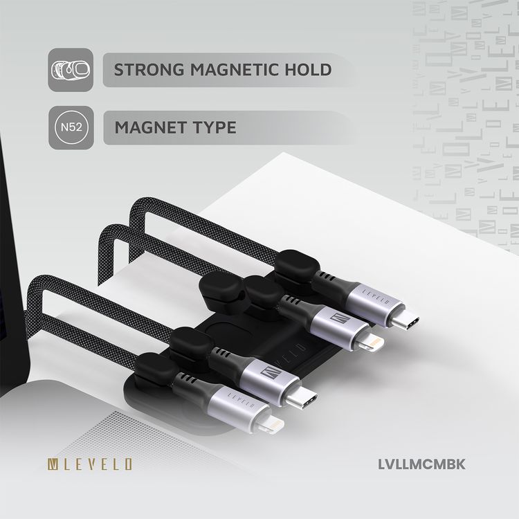 Levelo Livia Detachable Magnetic Cable Management with 5 Magnetic Heads, Lightweight & Compact Design, Tangle-Free, Strong Hold with N52 Magnet, Easy to Install - Black