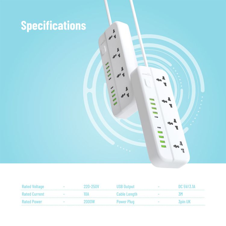 Porodo Blue Power Strip with 4 AC Sockets, Dual USB-C & 8 USB-A Ports, 3m Cable Length, 2000W AC Output, 3-Pin UK Plug, 10A Rated Current - White