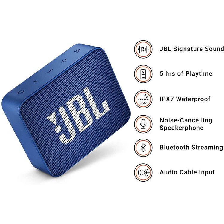 JBL GO 2 Portable Wireless Bluetooth Speaker, 5-hours Playtime, IP67 Waterproof Feature, Speaker Built-in Noise-Cancelling Speakerphone - Blue