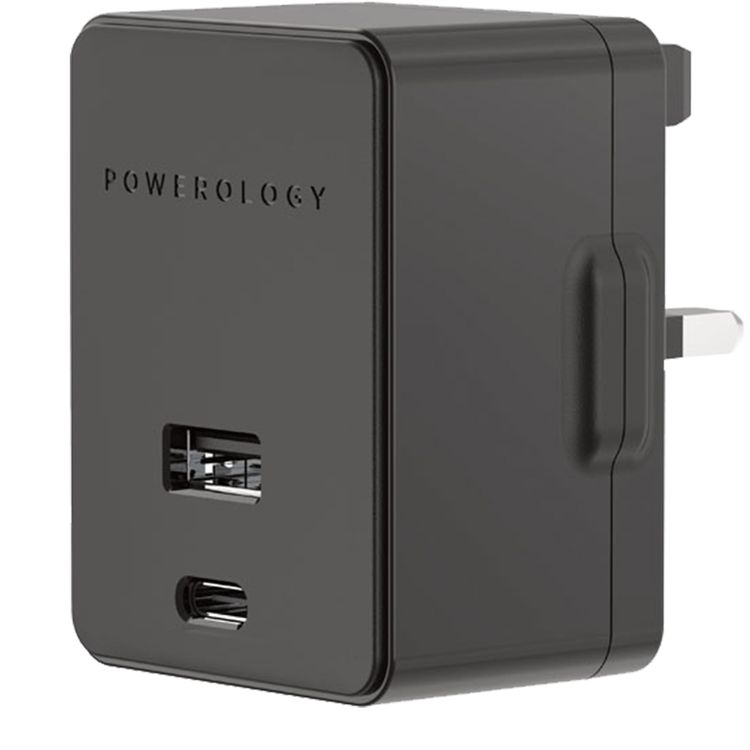 Powerology Ultra-Quick USB-C Charger with USB-C to Lightning Cable, 20W Power Delivery, 1.2m Cable Length, 0%-60% Charge in 35 Minutes, Built-in Safeguards - Black