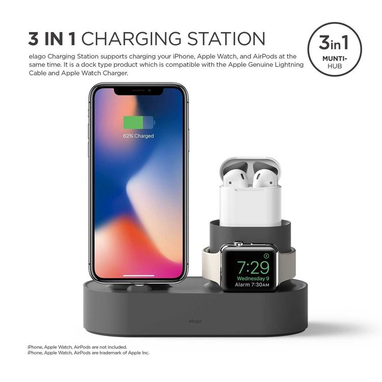 Elago 3 in 1 Silicone Charging Hub Case, Charging Dock Cover with Cable Management Compatible for All Apple Watch Series, AirPods 1 & 2, and iPhone X, XS, XS Max, XR - Dark Gray