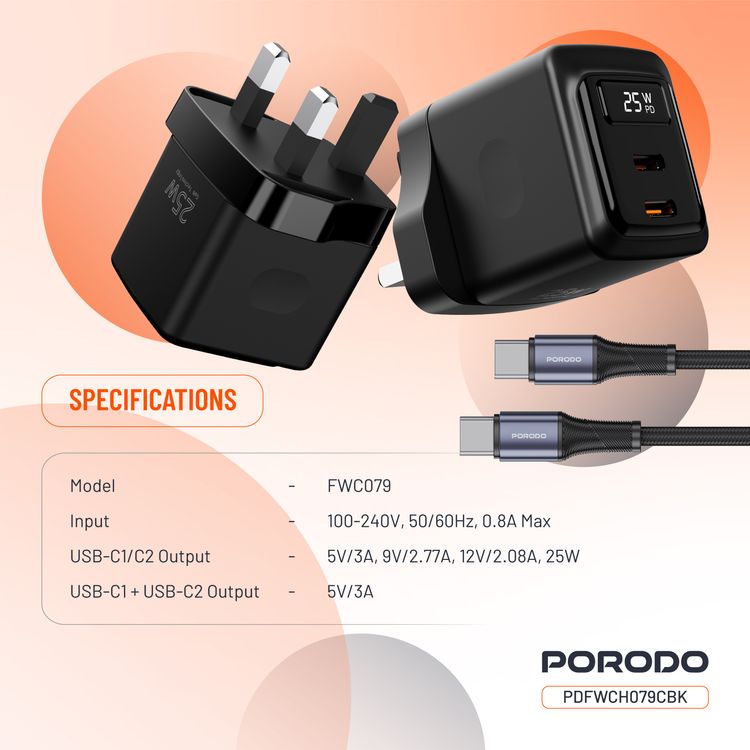 Porodo GaN Wall Charger with USB-C to USB-C Cable, Dual USB-C Ports, 25W Power Delivery, Built-in Safeguards, Fast Charge Support, Multiple Device Charging, Digital Display - Black