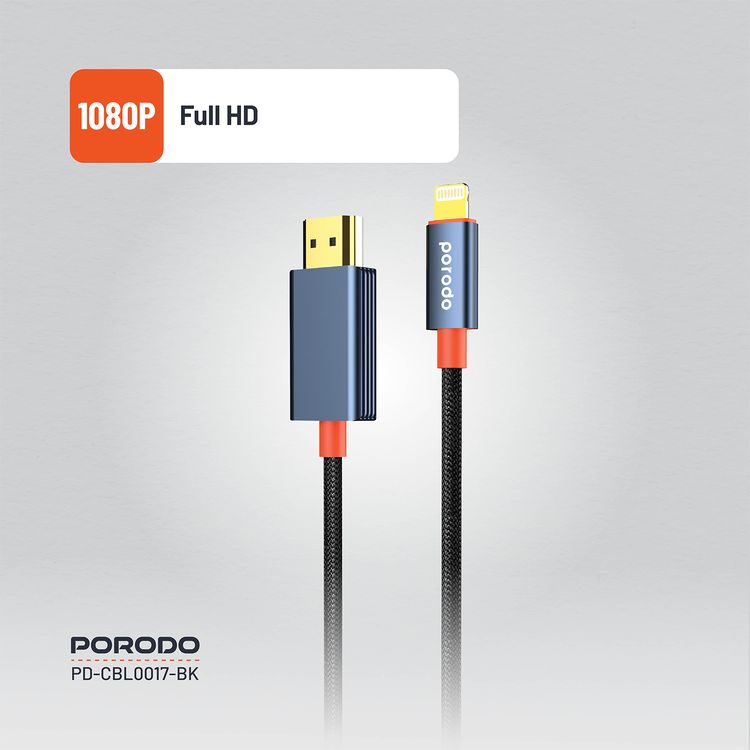 كابل بورودو المصنوع من سبائك الألومنيوم من لايتنينج إلى HDMI، بطول 2 متر، ودقة 1080 بكسل عالية الدقة، وتوصيل وتشغيل، وخالي من التشابك - أسود