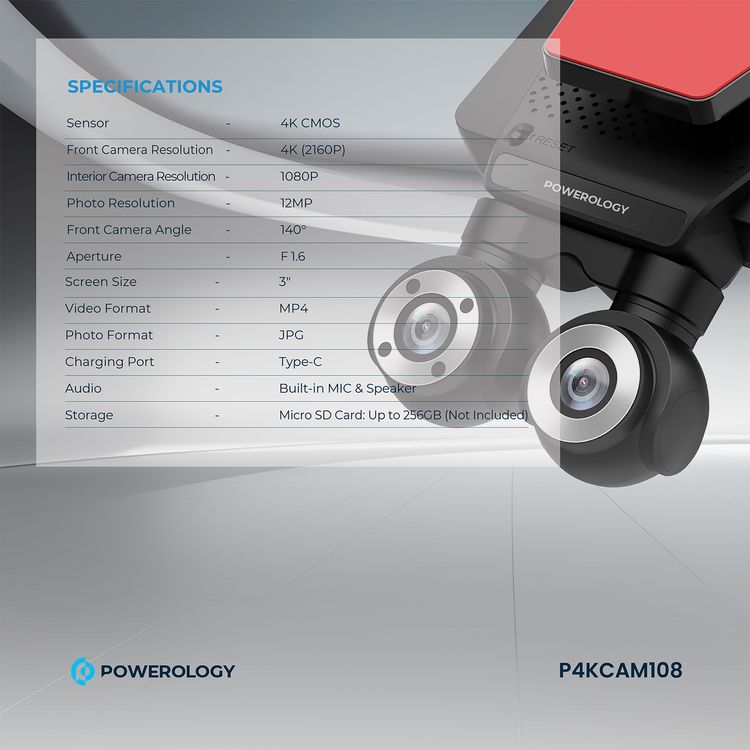 Powerology Dual Lens Dash Camera with Collison Detection, Night Vision, 4K Resolution, Parking Monitor, FHD Inside Recording, 3" Touch Display, 140° Front Camera Angle - Black