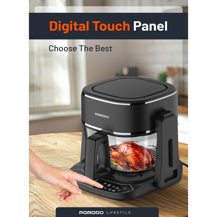 قلاية هوائية وشواية من بورودو لايفستايل بتصميم مزدوج مع 8 وظائف مبرمجة مسبقًا، سعة 4.5 لتر، حاوية زجاجية مقاومة للحرارة، مؤقت يصل إلى 60 دقيقة، قابس كهربائي ثلاثي الأطراف - لوحة لمسية - أسود