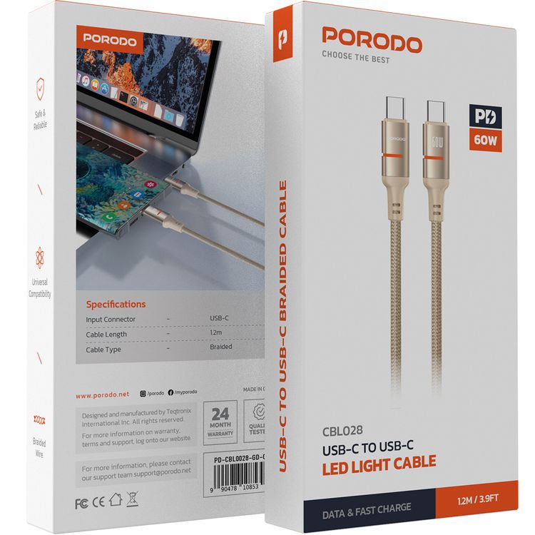 كابل بورودو USB-C إلى USB-C بإضاءة LED بقوة 60 واط، سرعة نقل 480 ميجابت في الثانية، بطول 1.2 متر، شحن سريع ونقل بيانات، سلك مضفر - ذهبي