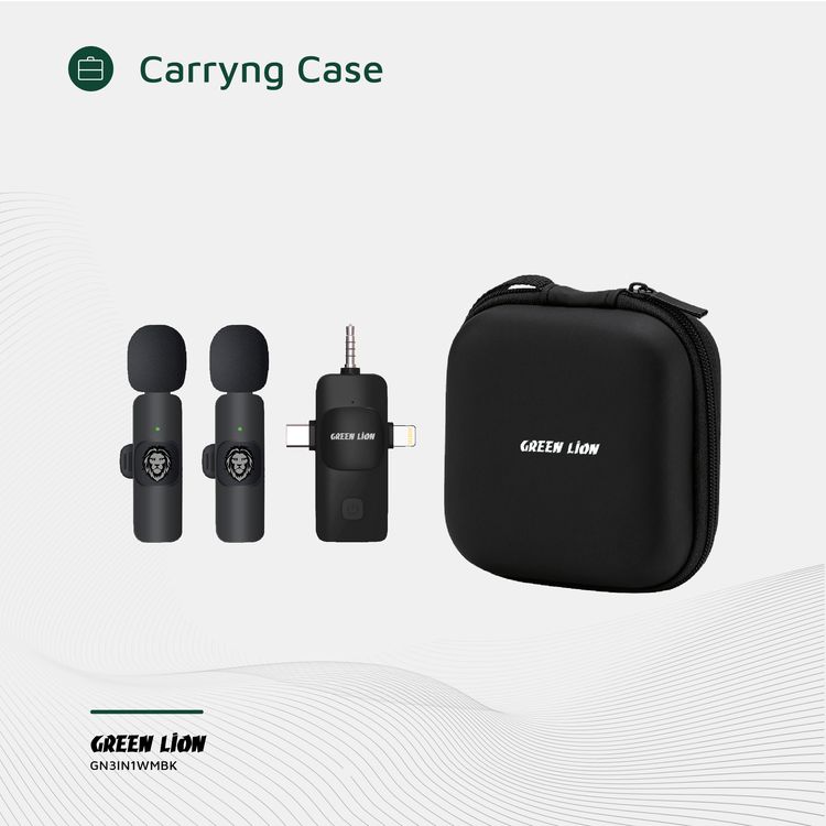 مايكروفون جرين ليون 3 في 1 موصل Type C/Lightning/AUX، عمر البطارية 3-4 ساعات، مسافة نقل تصل إلى 30 متر، تأخير نقل 30 مللي ثانية، يشمل حقيبة حمل - أسود