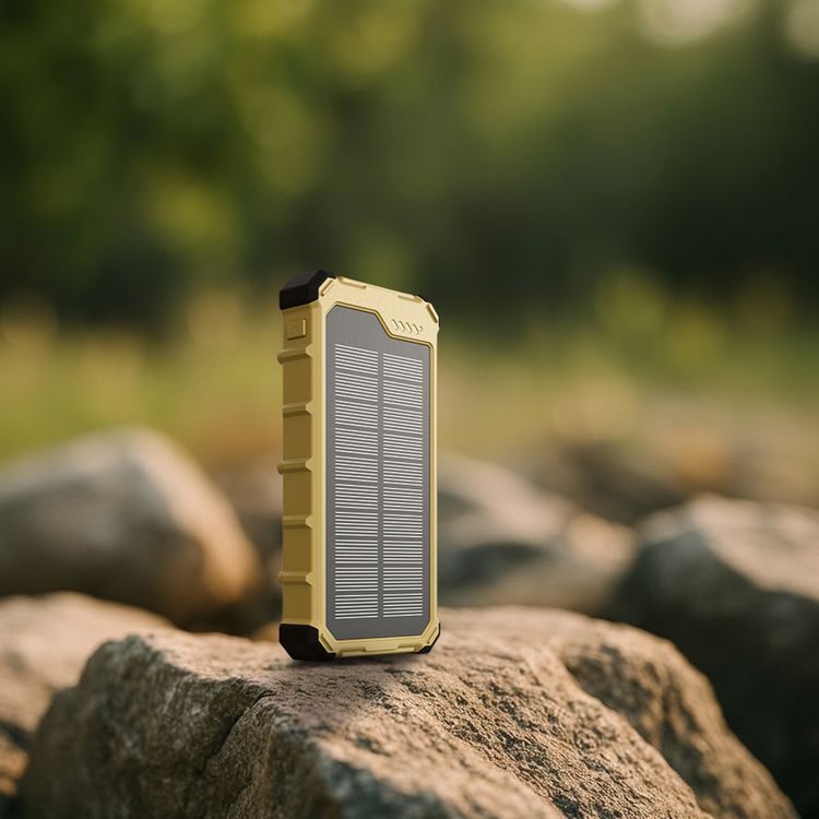 Powerology Solara 20000mAh Solar Power Bank with Built-in Safeguards, Dual LED Panels, Simultaneous Charging, Solar Charging, 3 Light Modes, IP65 Water Resistance Level, PD 20W, 1200 Lumens Maximum Brightness, QC 22.5W, USB-A to USB-C Cable, Solar Charging - Khaki