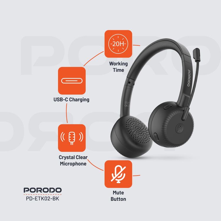 Porodo Office Wireless Headset with 20 Hours Working Time, Mute Button, Crystal Clear Microphone, USB-C Charging Port, 1 Hour Charging Time, Bluetooth Version 5.3 - Black