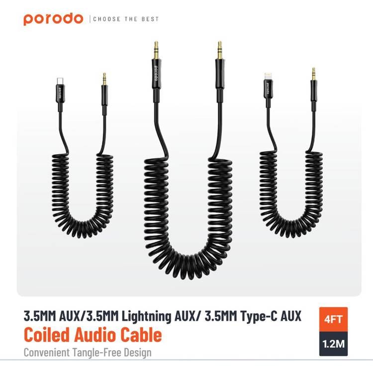 Porodo 3.5mm AUX to USB-C Coiled Audio Cable with 1.2m Length, Universal Compatibility, Auto-Retract & Tangle-Free Design - Black