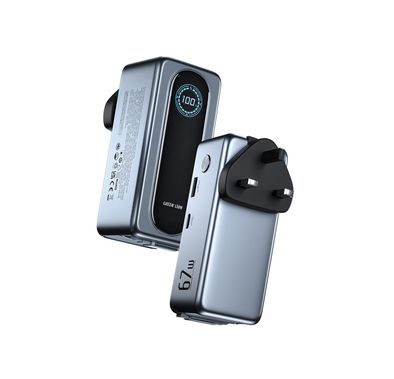 Green Lion Evera 15000mAh Power Bank + Charger with TFT Display, PD 67W, Built-in Type-C Cable, Multi-Device Charging, Flight Approved, USB-A & USB-C Ports, EU/UK/AUS Plugs Included - Gray