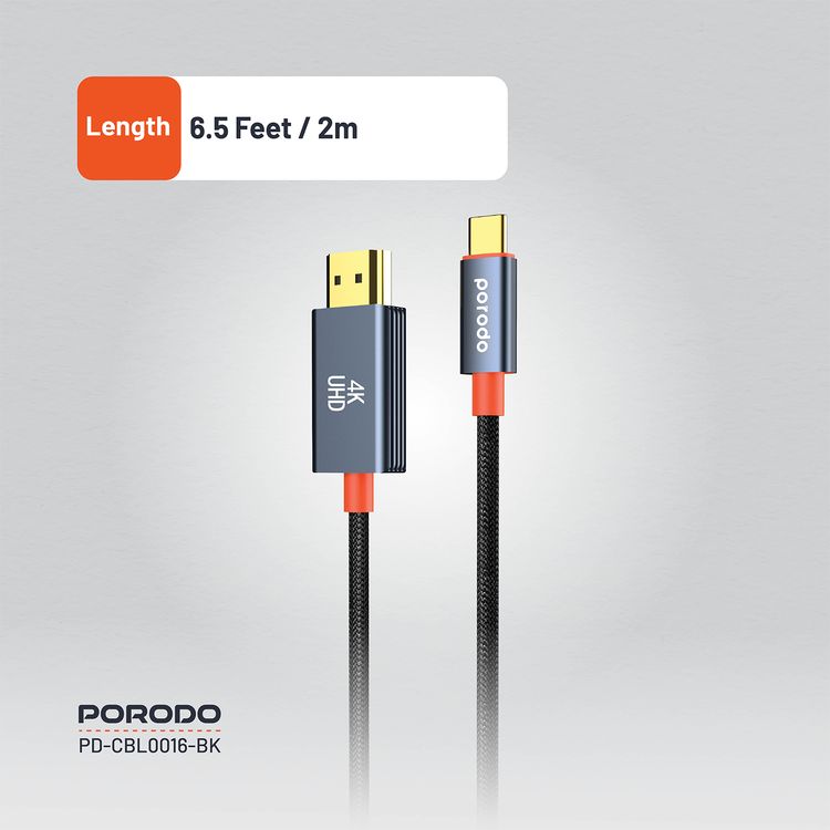 Porodo Aluminum Alloy Woven Cable Type-C to HDMI, 2m Cable Length, Ultra HD 4k Resolution, Plug & Play, Tangle Free - Black