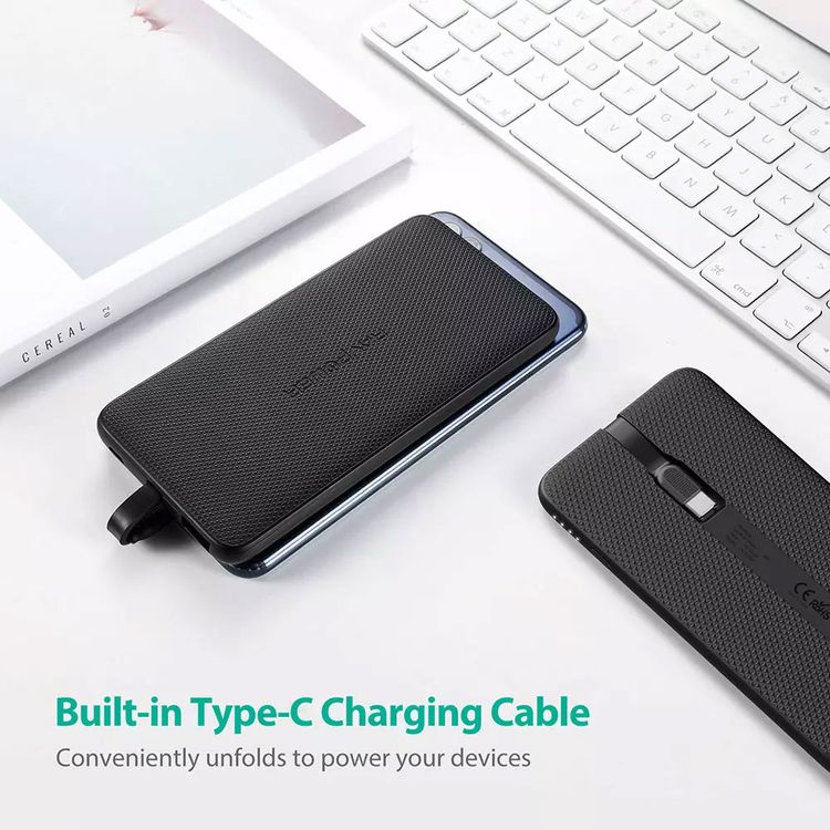 RAVPower Blade Series Portable Power Bank 10000mAh with Built-In Type-C Cable, Compact & Portable Portable Charger Support Power Delivery & QC3.0 - 10000 mAh