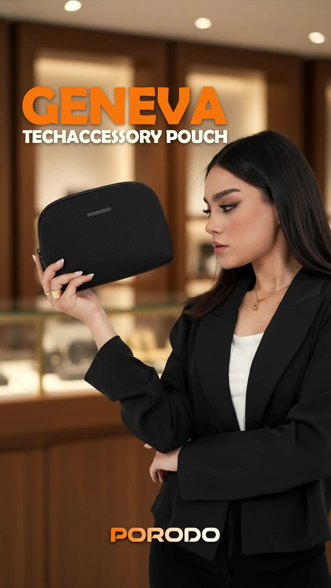 Porodo Geneva Tech Accessory Pouch with Easy-to-Carry Handle, 1L Capacity, PU Material, Zipper Closure, Water Resistant, Spacious Compartment, Cable Organizer