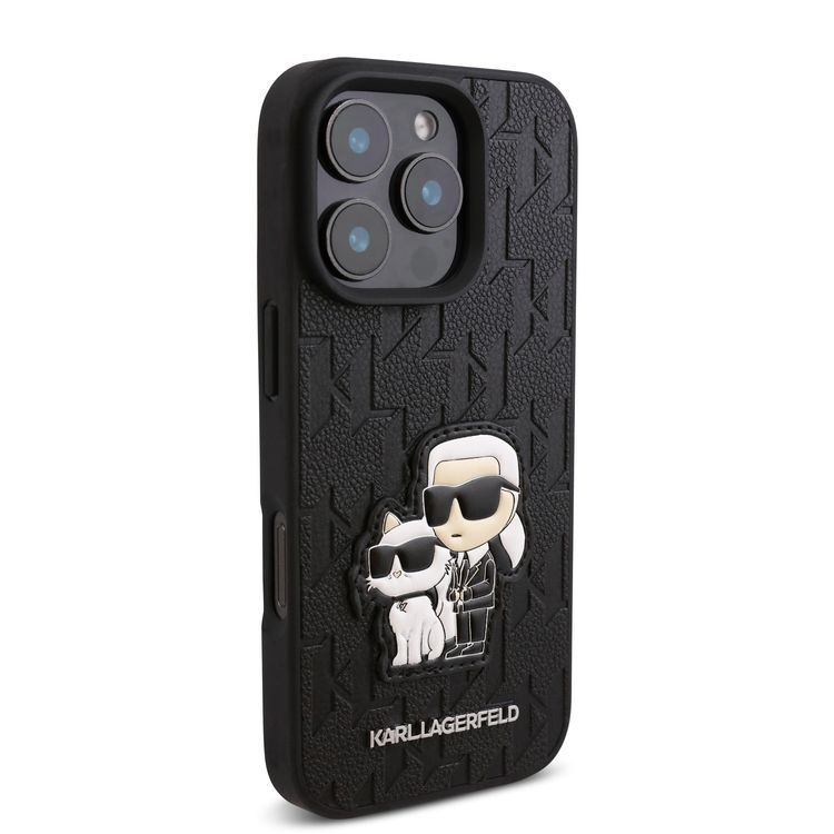Karl Lagerfeld PU Hard Case for iPhone 16 Pro Max with Monogram Karl & Choupette Patch, Slim Profile, Drop Protection, Lightweight, Comfortable Grip, Easy Snap-on - Black