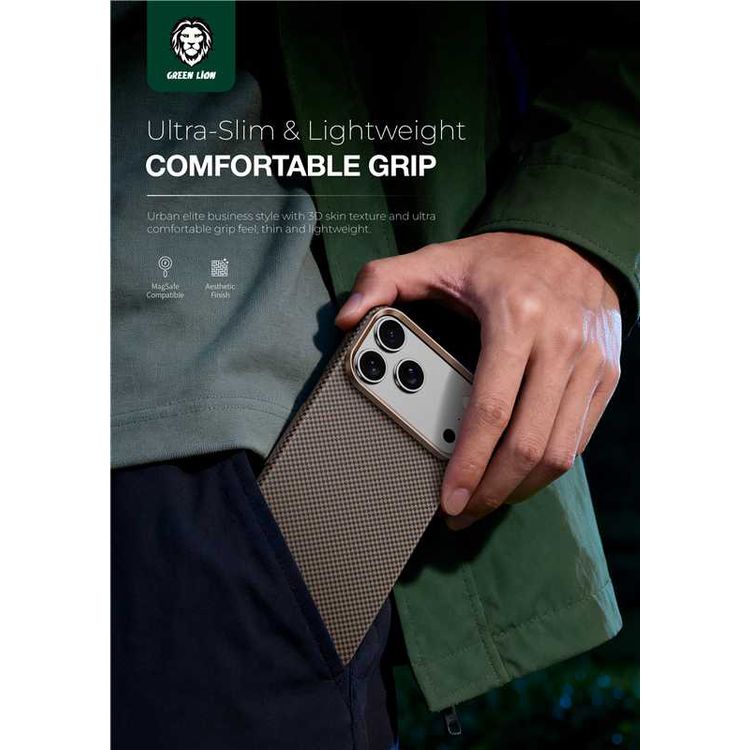 Green Lion Magsafe Kevlar Case for iPhone 17 Pro, Comfortable Grip, Aluminum Alloy Guard, Drop Protection, Lightweight Design, Ultra-Slim - Black / Gold