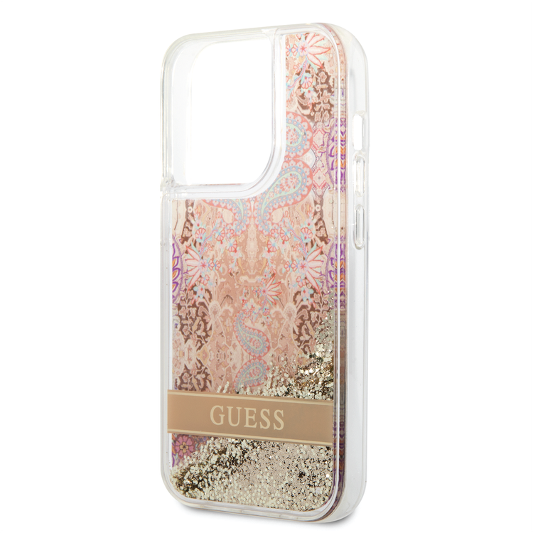 Guess Liquid Glitter Case with Flower Pattern Extra Shine Smooth Touch Feel iPhone 14 Pro Max Compatibility - Gold