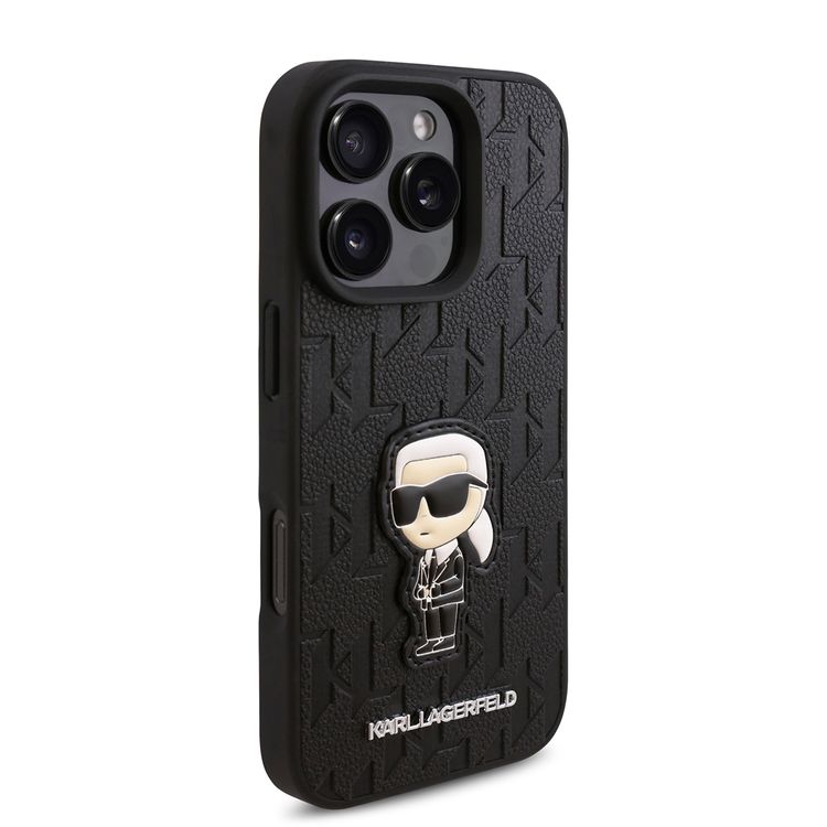 Karl Lagerfeld PU Hard Case for iPhone 16 Pro with Monogram Karl Patch, Drop Protection, Lightweight, Slim Profile, Comfortable Grip, Sustainable Packaging - Black