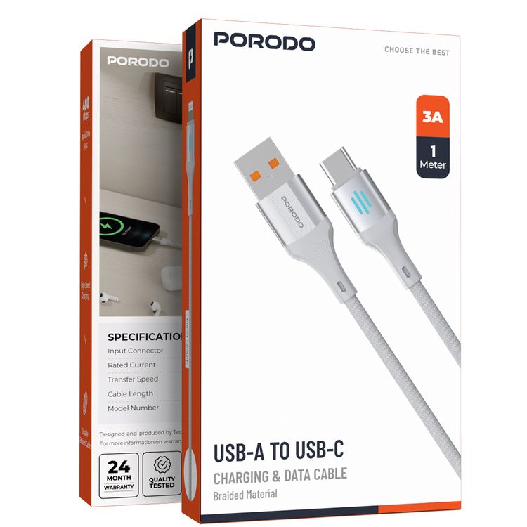 Porodo USB-A to USB-C Charging & Data Cable with 27W PD Output, 480Mbps Data Transfer Rate, 1m Cable Length, Durable Braided Material, Tangle-Free, Optimal Charging, Enhanced Durability - Silver