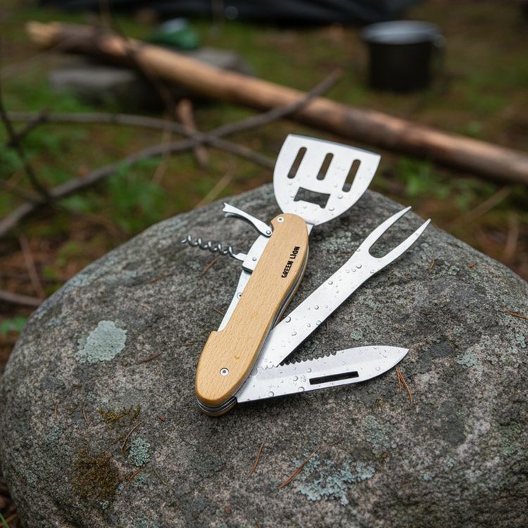 Green Lion Multifunction 5-in-1 BBQ Tool Set with Knife Precision Slice, BBQ Fork Effortless Grip, Corkscrew Seamless Twist, Bottle Opener Instant Pop, BBQ Spatula Flawless Flips, Foldable & Compact, Rust Resistant, Space-Saving Design, Easy to Clean, Camping Friendly, Ergonomic Grip - Wooden