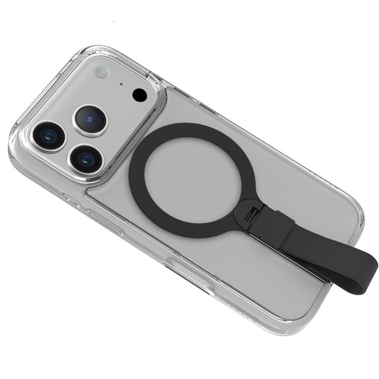 Levelo Spira MagSafe Clear Grip Case for iPhone 17 Pro Max, Strong Magnets, Horizontal & Vertical Viewing, Shock-Resistant Bumper, Anti-Scratch, 360° Rotating Metal Kickstand - Phantom Black