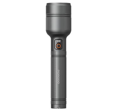 Porodo Lumalite 2500 Lumens Rechargeable Flashlight with Manual Zoom Control, Up to 5.6 Hours Working Time, Up to 700m Coverage Area, 10000mAh Battery, USB-C Charging Interface, Ultra-Bright Beam, Multi-Mode Operation - Gray