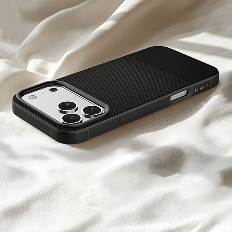 Levelo Cuir Leather Hybrid Case with Comfortable Grip for iPhone 17 Pro Max, Strong Magnets & MagSafe Compatible, Shock-Resistant Bumper, Aluminum Alloy Frame for Camera & Buttons, Drop-Tested - Phantom Black