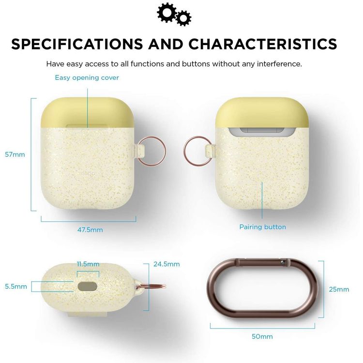 Elago Duo Hang Silicone Case with Apple AirPods Case 1 & 2 Generation, Dustproof and Absorbing Protective Cover with Hang Case Body-Night Glow Gold Pearl / Top-Yellow, Italian Rose