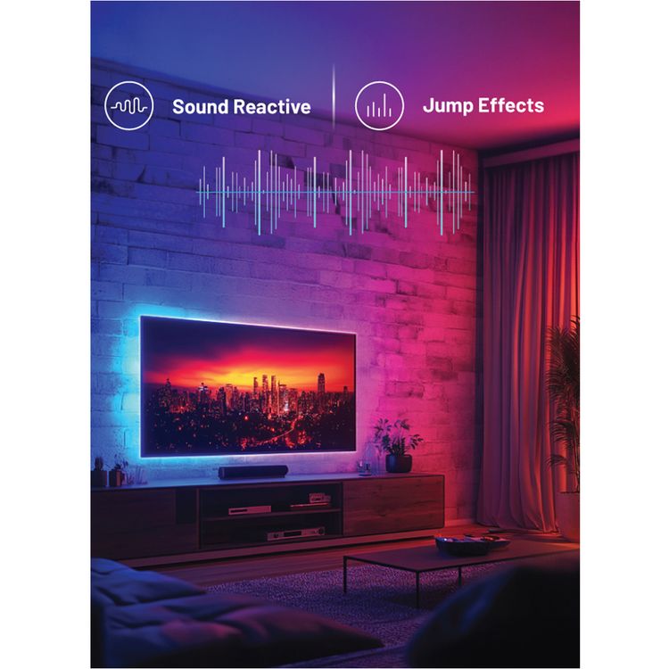 Porodo Blue RGB Light Strip with Sound Reactive Lighting, 5m Length, Jump & Fade Effects, Remote Control - Black