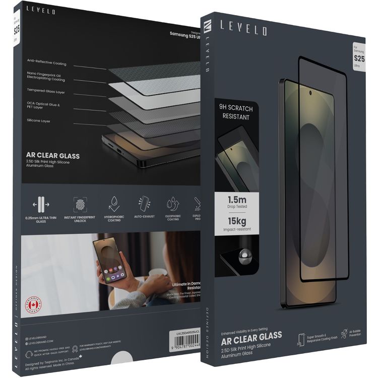 Levelo 2.5D Silk Print High Silicone AR Screen Protector for Samsung Galaxy S25 Ultra, Anti-Reflection Clear Glass, 0.25mm Ultra Thin, Scratch-Resistant, Oleophobic & Hydrophobic Coating, Instant Fingerprint Unlock, Air Bubble Prevention, Explosion- Proof, Auto-Exhaust - Clear