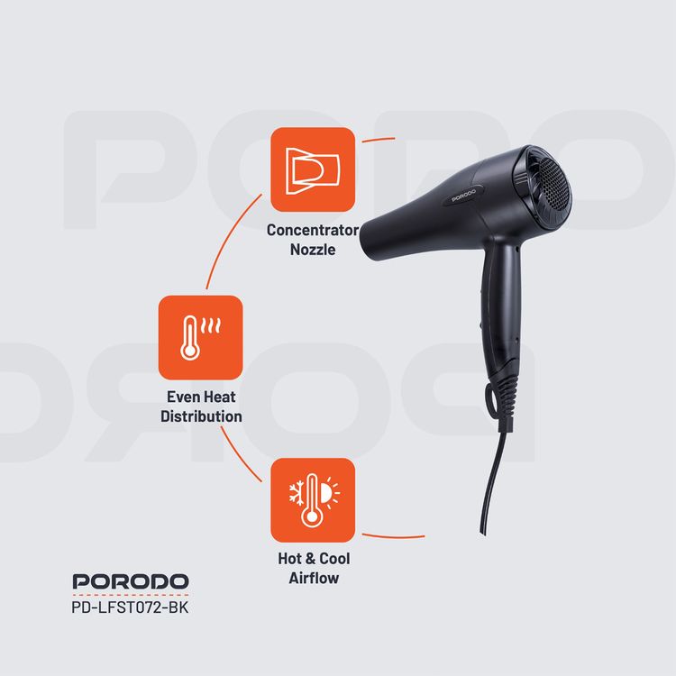 Porodo Lifestyle 1200W Hair Dryer with 1.8m Cable Length, Concentrator Nozzle, Rocker Switch, Overheat Protection, Powerful Airflow, UK 3-Pin Plug - Black