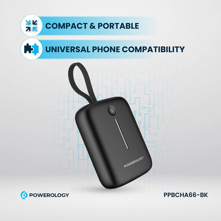 Powerology 10000mAh Power Bank with Detachable USB-C Wire, 20W Power Delivery, 3-Device Charging, Long Time Standby, Universal Phone Compatibility, Built-in Safeguards - Black