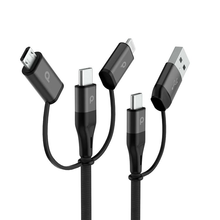 Porodo All in One Aluminum Braided Cable 1.2M 2.4A ( Lightning / Micro USB / Type-C / USB-A ) - Black