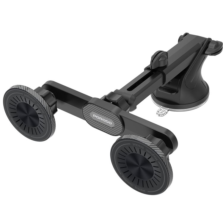 Porodo DAX-L Dual MagSafe Car Phone Mount with 360° Adjustable Telescopic Arm, Dual Phone Holder, Strong Suction Base, Lock and Unlock Function, ABS Material, Adjustable Height, Multi-Surface Mounting, 15× Strong N52 Magnets - Black
