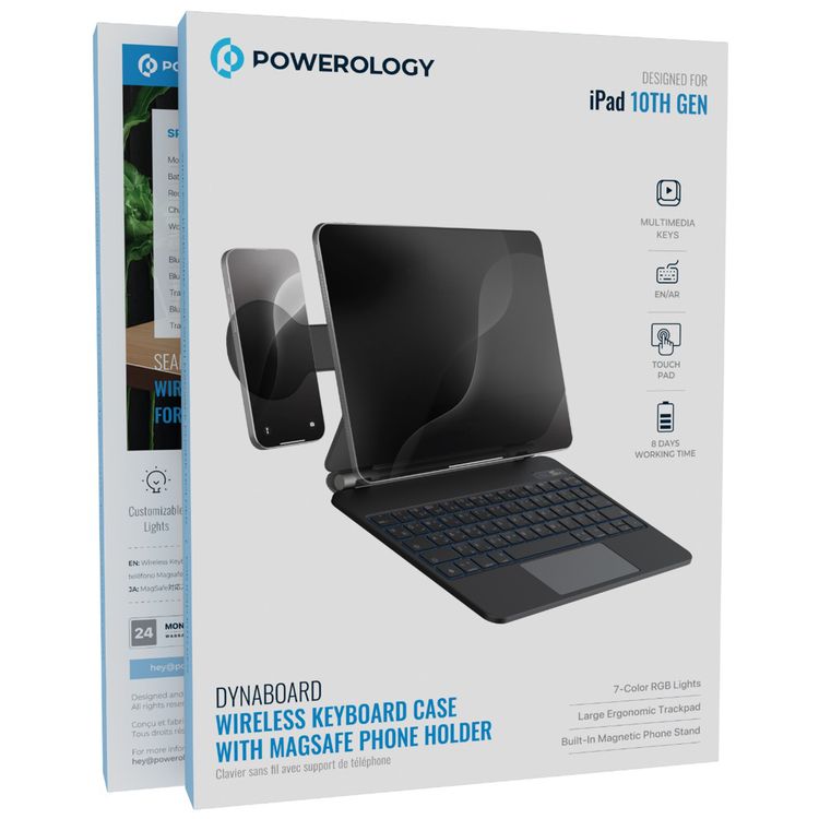 Powerology Dynaboard Wireless Keyboard Case for iPad 10th, MagSafe Phone Holder, Touch Pad, Multimedia Keys, 500mAh Battery Capacity, 8 Days Working Time, 2.5 Hours Charging Time, Easy Pencil Access, Bluetooth Version 5.1, 10m Transmission Range, Snap-On Attachment - Black