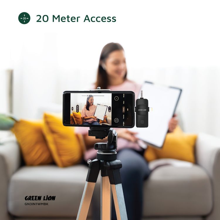 مايكروفون جرين ليون 3 في 1 موصل Type C/Lightning/AUX، عمر البطارية 3-4 ساعات، مسافة نقل تصل إلى 30 متر، تأخير نقل 30 مللي ثانية، يشمل حقيبة حمل - أسود