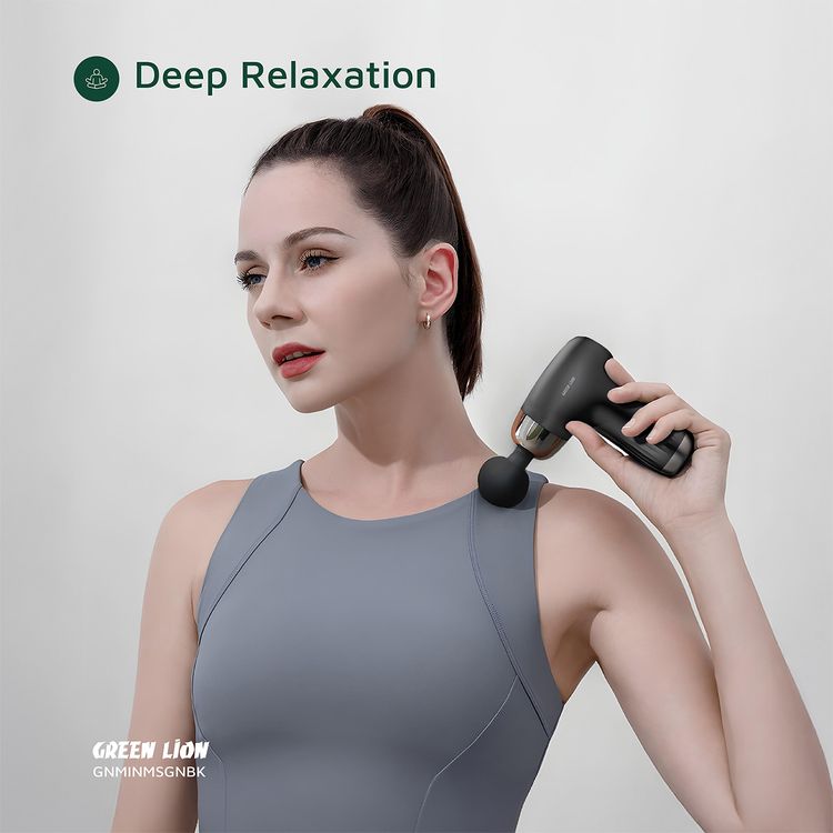 Green Lion Mini Massage Gun with 4 Massage Heads & 6 Speed Levels, ABS Material, Up to 2 Hours Working Time, Auto Shut-Off Function, 1200-3200 RPM Range, 24W Power, Brushed Motor, 1200mAh Battery - Black