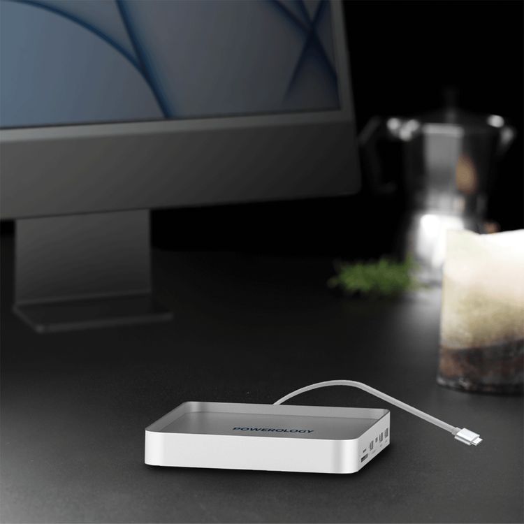 Powerology USB-C Hub & Stand for iMac 24", SSD Enclosure, NVMe & SATA Support, Non-Slip Base, USB-A 3.2 with 10Gbps Data Transfer, 150Mbps microSD Slot - Gray