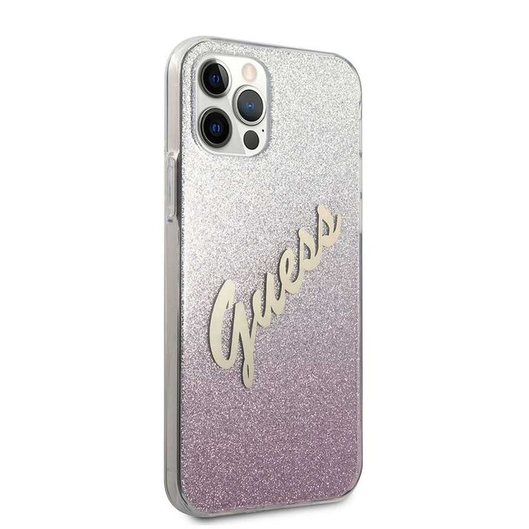 CG MOBILE Guess HC PC/TPU Script Glitter Back Shield Hard Phone Case Compatible for Apple iPhone 12 Pro Max (6.7") Shock-Absorption Mobile Case Officially Licensed - Gradient Pink