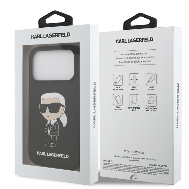 غطاء كارل لاغرفيلد من السيليكون السائل بشعار Ikonic NFT لهاتف آيفون 17 برو ماكس، حماية من السقوط، تصميم نحيف، سهل التركيب، تغليف مستدام، قبضة مريحة، تصميم خفيف الوزن - أسود