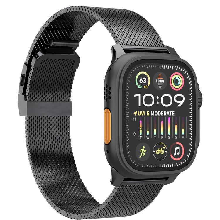 Levelo Ferra Milanese Watch Strap with Adjustable Length, Compatible with 49/46mm Smartwatches & Apple Watch SE, Series 9, 8, 7, 6, 5, Hypoallergenic Material, 24/7 Wearability, Water-Resistant, Anti-Oxidation Technology - Matte Black