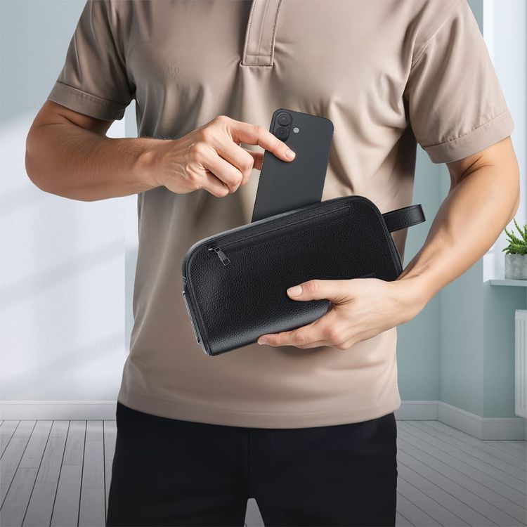 Green Lion Liora Fingerprint Bag with Leather Strip & LED Indicator, 120mAh Battery Capacity, 10 Fingerprint Capacity, Water Resistant, 6 Months Standby Time, Multiple Pockets, Capacitive Sensor, Durable Zippers - Black