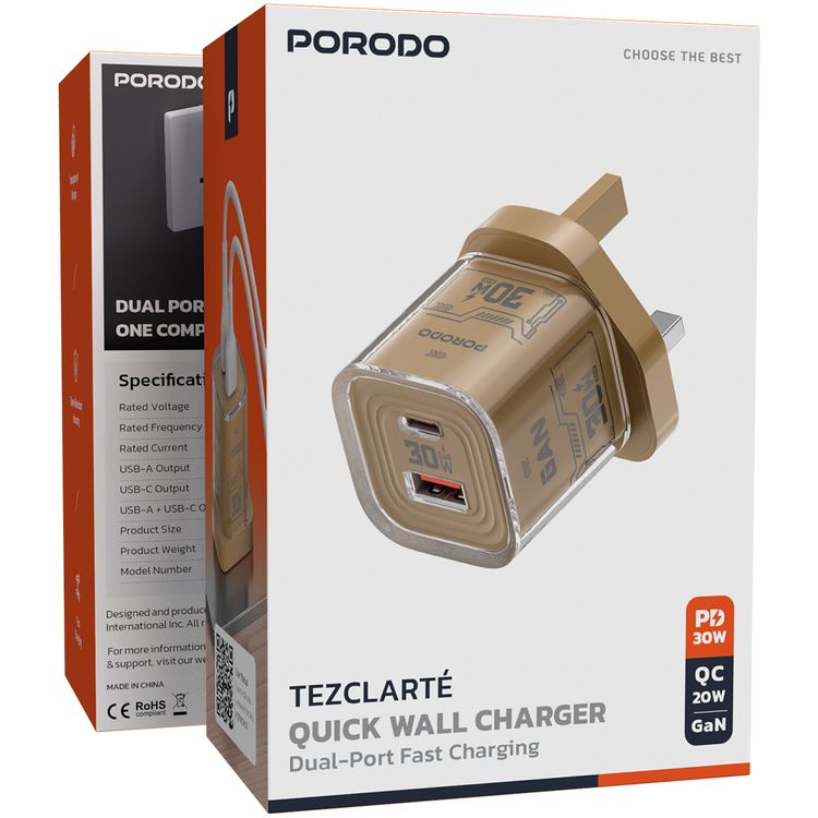 Porodo TEZCLARTÉ Quick Wall Charger with Dual Port Fast Charging, Flame Retardant Housing, Transparent Design, PD 30W USB-C Output, QC 20W USB-A Output - Khaki
