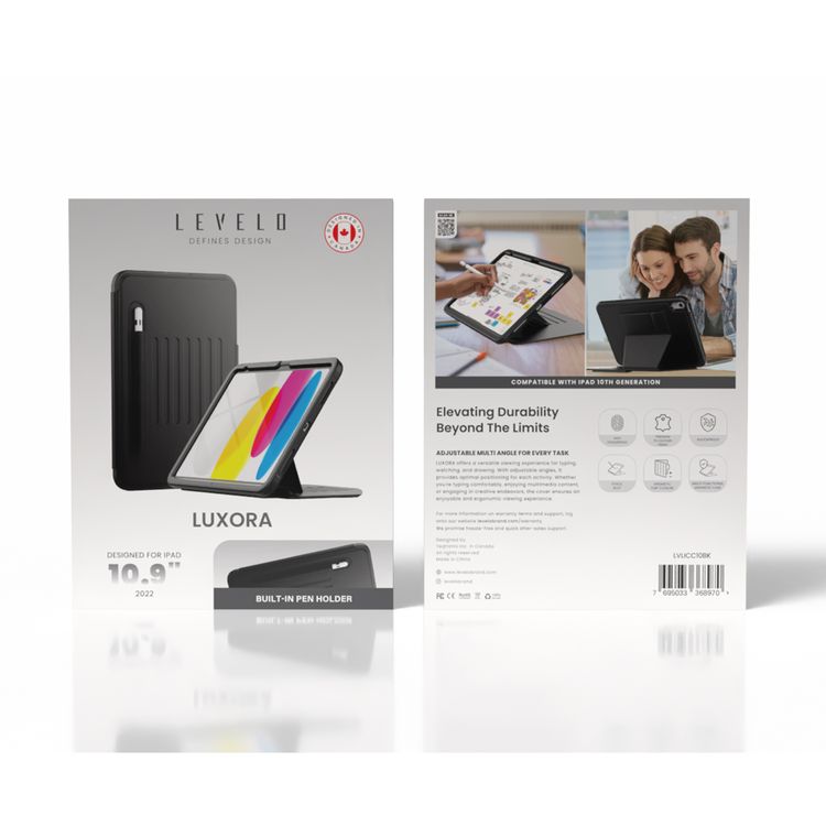 Levelo Luxora Case for iPad 10.9" 2022 (10th Gen iPad), Adjustable Multi-Angle Viewing, Premium PU Leather Finish, Shockproof, Anti-Fingerprint, Built-in Pen Holder & Built-in 2 Card Slots, Magnetic Flap Closure - Black