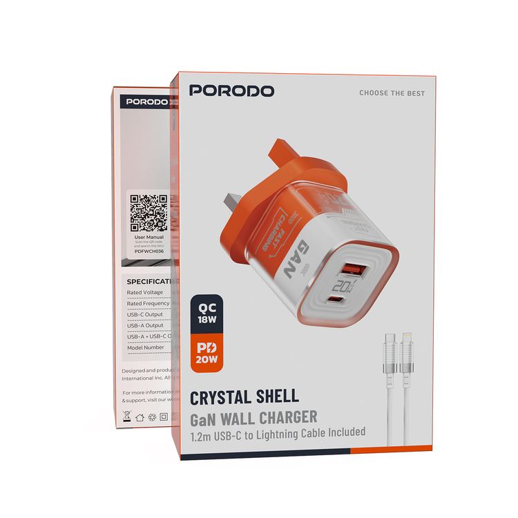 Porodo Crystal Shell GaN Wall Charger with 1.2m USB-C to Lightning Cable, Simultaneous Charging, 20W Power Delivery, Overheat Protection, 18W USB-A Output - Orange